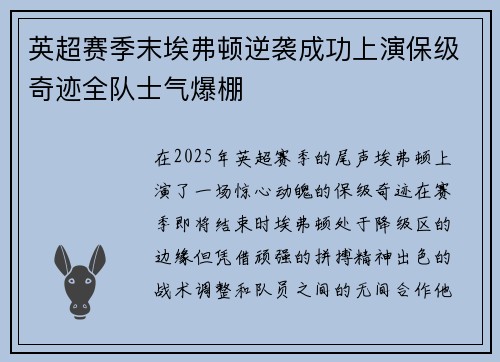 英超赛季末埃弗顿逆袭成功上演保级奇迹全队士气爆棚