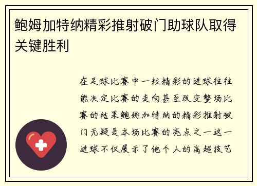 鲍姆加特纳精彩推射破门助球队取得关键胜利